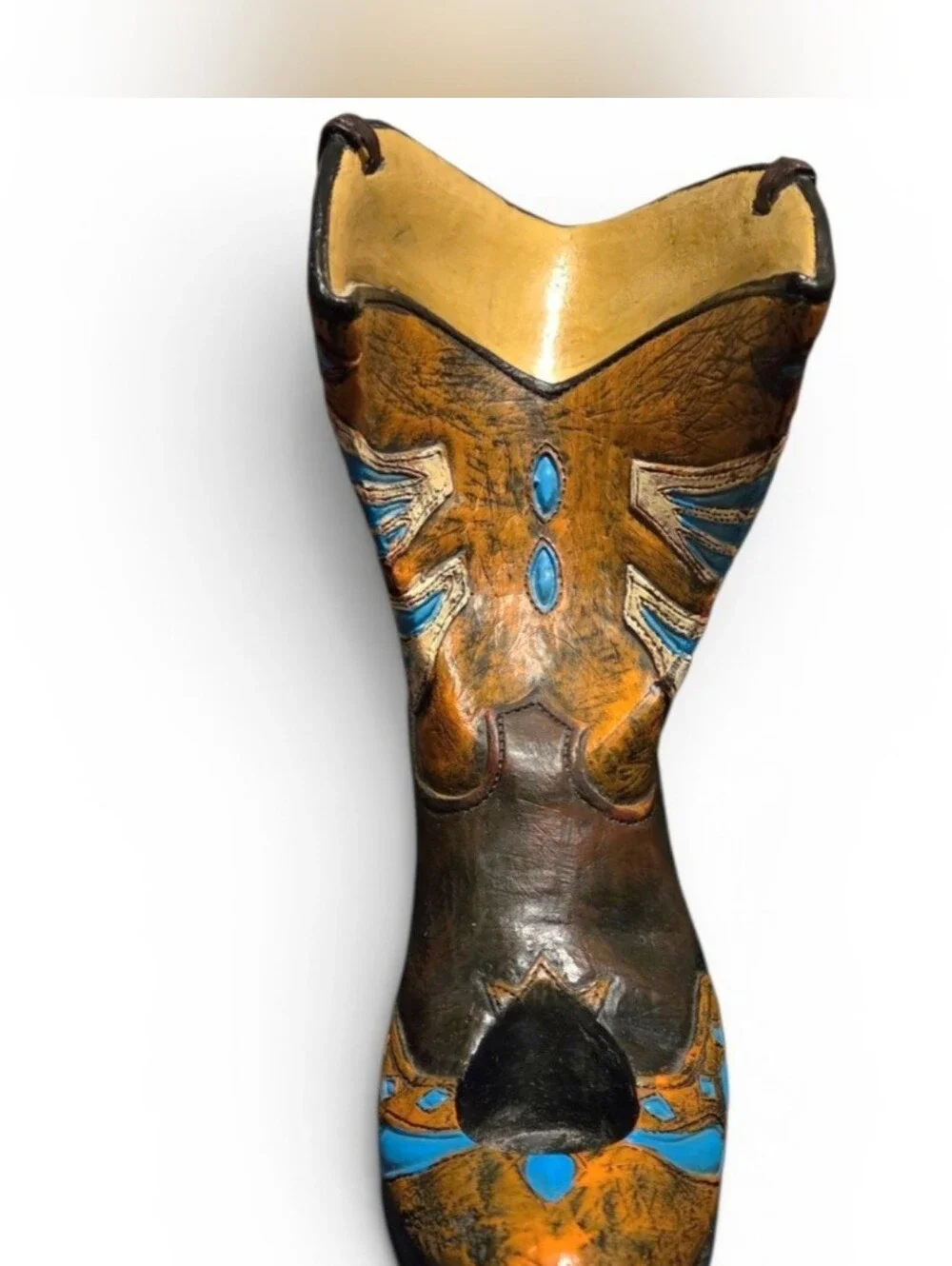Decorative Country Western Boot Wine Bottle Holder Resin w Inlaid Turquoise
